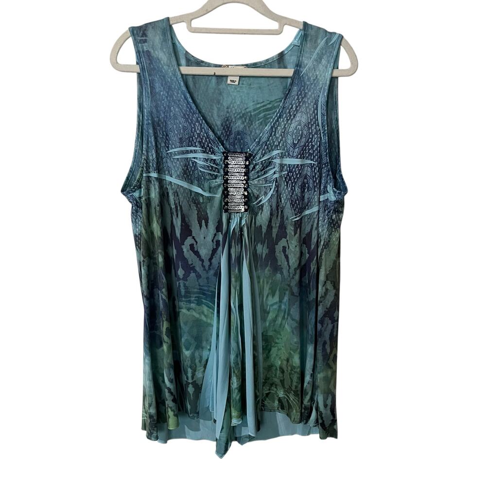 World Unity Women's Tank Top XL Blue Green Y2K Fairy Sequence Ruffle Art to Wear